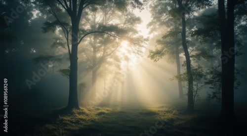 Misty forest with sunlight streaming through