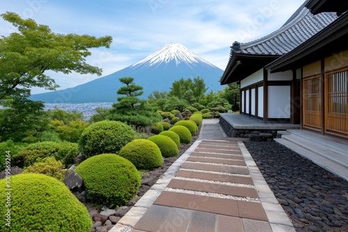 Akita snow-capped Mount Chokai represented in clean geometric shapes with bold, contrasting colors photo