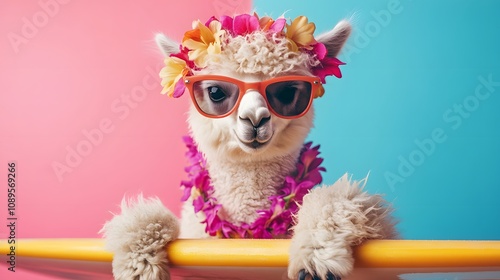 Cool Alpaca rocks summer vibes! Flower crown, sunglasses, surfboard – pure joy!  photo