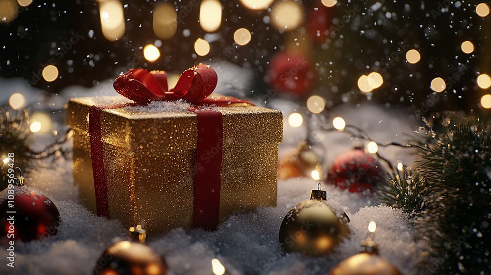 A gold gift box with a red ribbon, covered in snow, sits in the snow, surrounded by Christmas lights and decorations. A gold gift box with a red ribbon, covered in snow, sits in the snow, surrounded by Christmas lights and decorations.