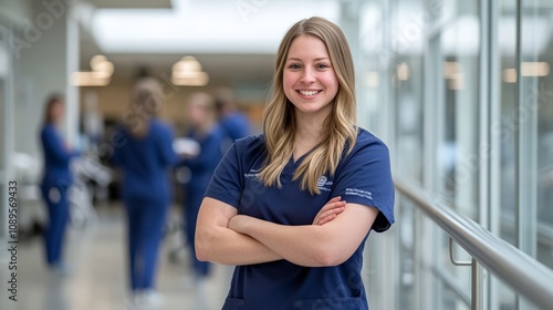 A young healthcare professional in blue scrubs stands confidently with her arms crossed, smiling warmly