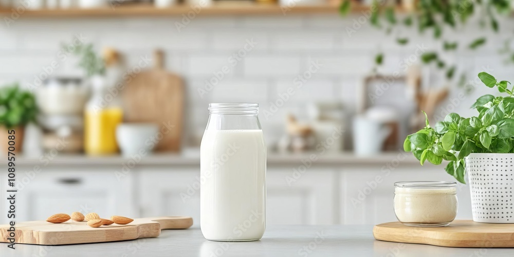 Almond milk on a kitchen counter, surrounded by vegan cookbooks and fresh, plantbased recipe ingredients Almond milk on a kitchen counter, surrounded by vegan cookbooks and fresh, plantbased recipe ingredients