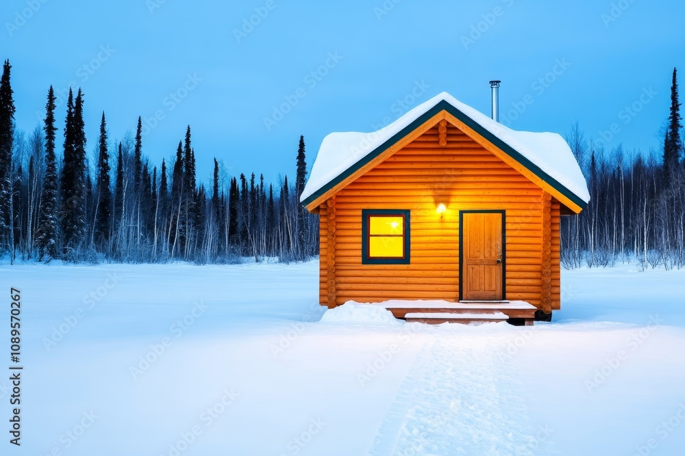 Alaska charming log cabin nestled in a snowy forest with smoke rising from its chimney Alaska charming log cabin nestled in a snowy forest with smoke rising from its chimney