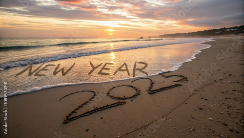 New Year 2025 Written in Sand on a Quiet Beach at Sunset, Waves Gently Washing Over