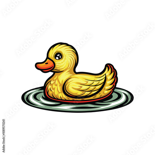 Editable vector illustration of a yellow rubber ducky floating in blue water, clean lines, ready for customization.  Perfect for children's designs.