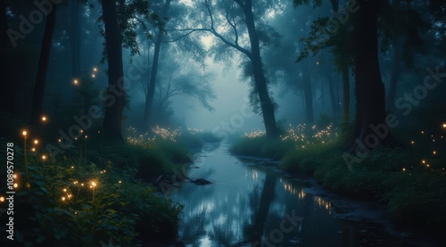 Serene forest at dusk with glowing lights