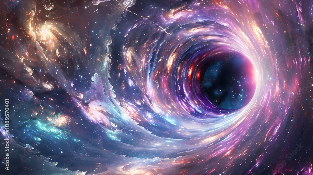 A vibrant cosmic depiction of a black hole, showcasing swirling galaxies and stars in a mesmerizing space scene. A vibrant cosmic depiction of a black hole, showcasing swirling galaxies and stars in a mesmerizing space scene.