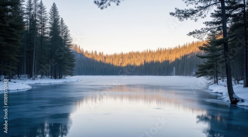 Serene winter lake at sunset