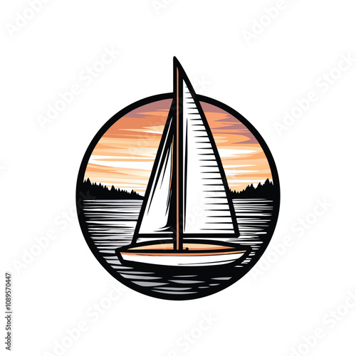 Create an editable stroke vector graphic of a sailboat gliding serenely across a calm lake at sunset.  Include detailed rigging and realistic water reflections.