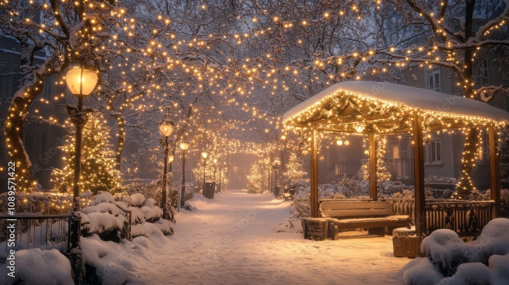 Fototapeta premium Snowy Winter Pathway Illuminated With Festive Lights