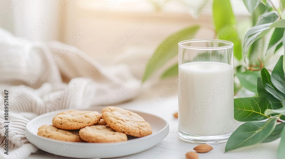 Glass of almond milk next to a plate of vegan cookies, cozy scene emphasizing plantbased indulgence and lifestyle Glass of almond milk next to a plate of vegan cookies, cozy scene emphasizing plantbased indulgence and lifestyle