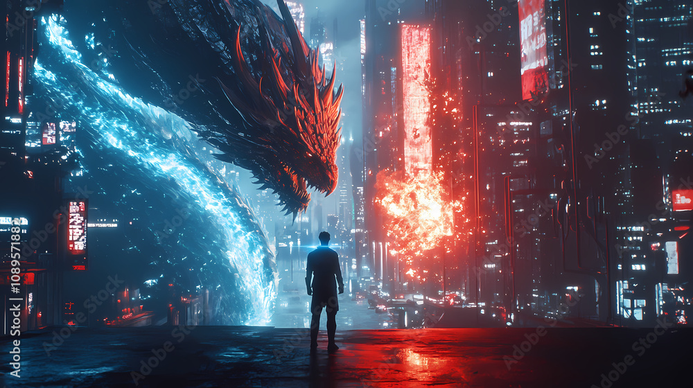 Fototapeta premium A lone warrior stands defiantly against a towering dragon in a futuristic cityscape, a clash of fire and ice, the warrior's blue magic glowing. Fire and Ice Duel. Illustration