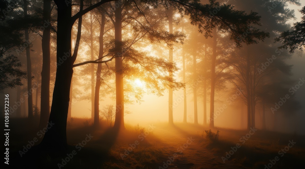 Misty forest at sunrise with golden light Misty forest at sunrise with golden light
