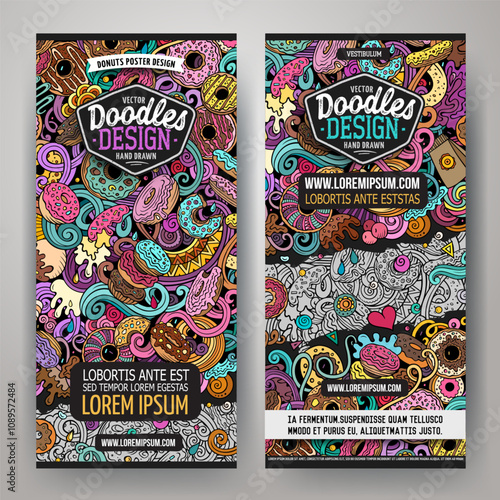 Cartoon vector doodle set of Donuts banners templates.
