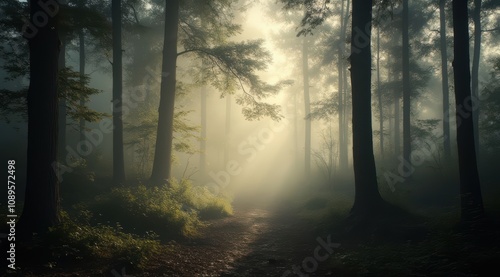 Misty forest with rays of sunlight