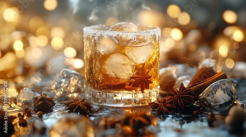 A vibrant photo of spiced liqueur on the rocks, with frost-covered glass and ice cubes glistening, surrounded by whole spices like cinnamon, nutmeg, and star anise, placed on a wooden surface,