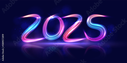 Abstract light trail number 2025. Digital concept for 2025 new year celebration. Futuristic pattern for banner or poster design. Vector EPS10.