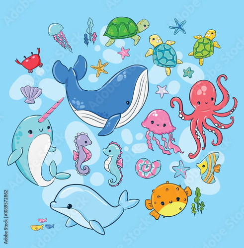 Hand Drawn Ocean Cute Sea Creatures Vector Set Illustration