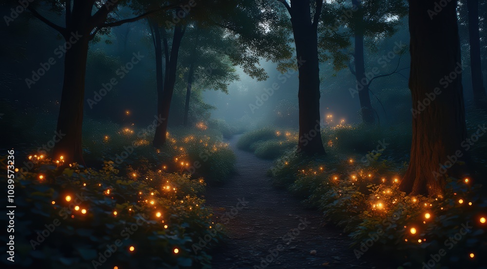 Mysterious forest path with glowing lights Mysterious forest path with glowing lights