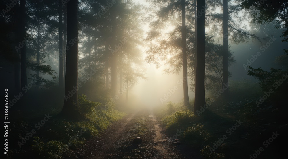 Misty forest path at sunrise Misty forest path at sunrise