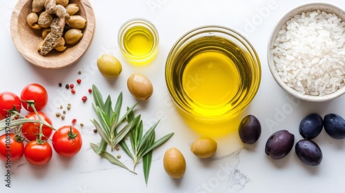 Rice bran oil on a kitchen counter, alongside ingredients for a heart-healthy Mediterranean dish, with olives and tomatoes photo