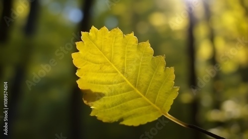 Golden Leaf Illuminated By Sunlight In Autumn Woods