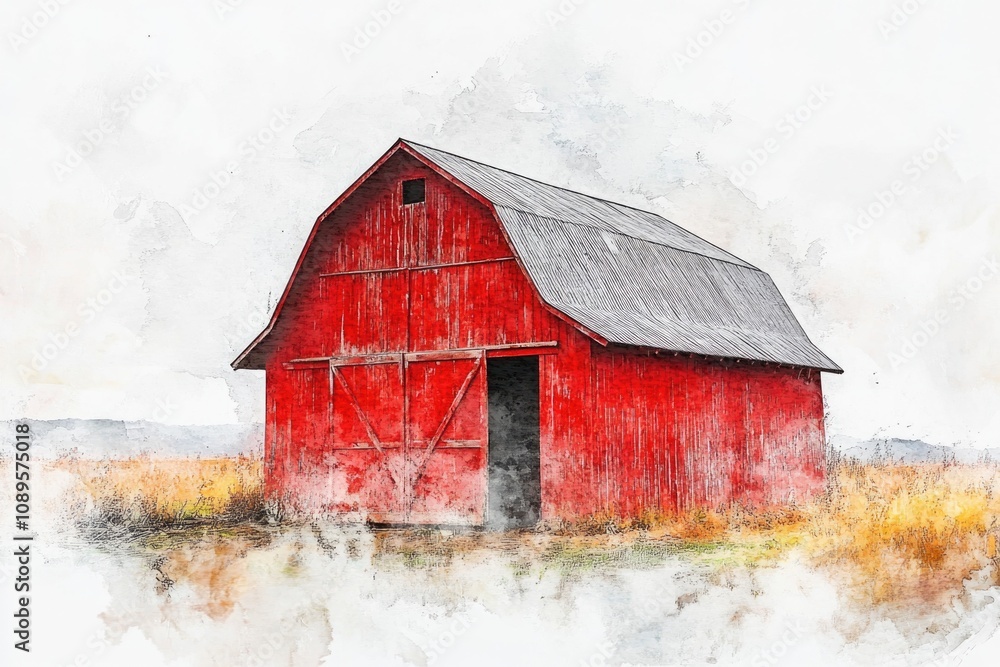 Watercolor painting of a rustic red barn surrounded by green grass and wildflowers Watercolor painting of a rustic red barn surrounded by green grass and wildflowers