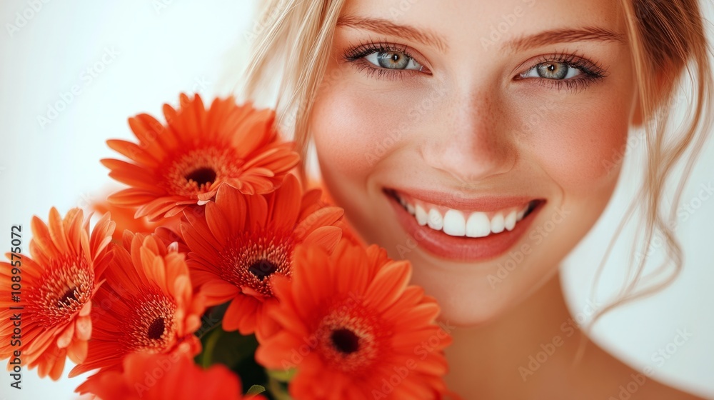 Close-up of the face of a young woman beaming with joy, holding a bouquet of red and orange flowers, generative ai Close-up of the face of a young woman beaming with joy, holding a bouquet of red and orange flowers, generative ai