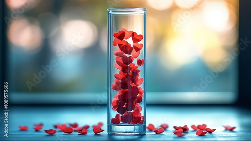 Tall glass tube filled with red heart shapes in a soft blurred background photo