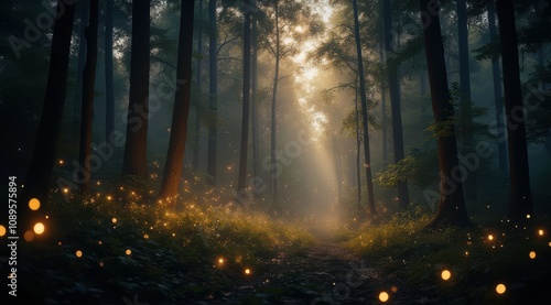 Mystical forest with glowing fireflies at dusk