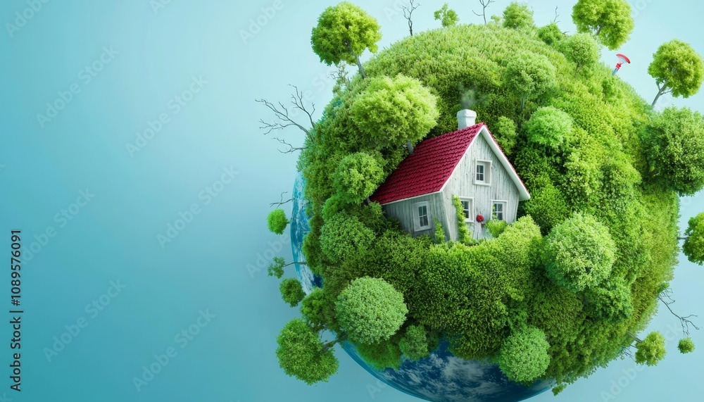 A charming house placed on a globe filled with forests, representing a vision of sustainable living and environmental care. A charming house placed on a globe filled with forests, representing a vision of sustainable living and environmental care.