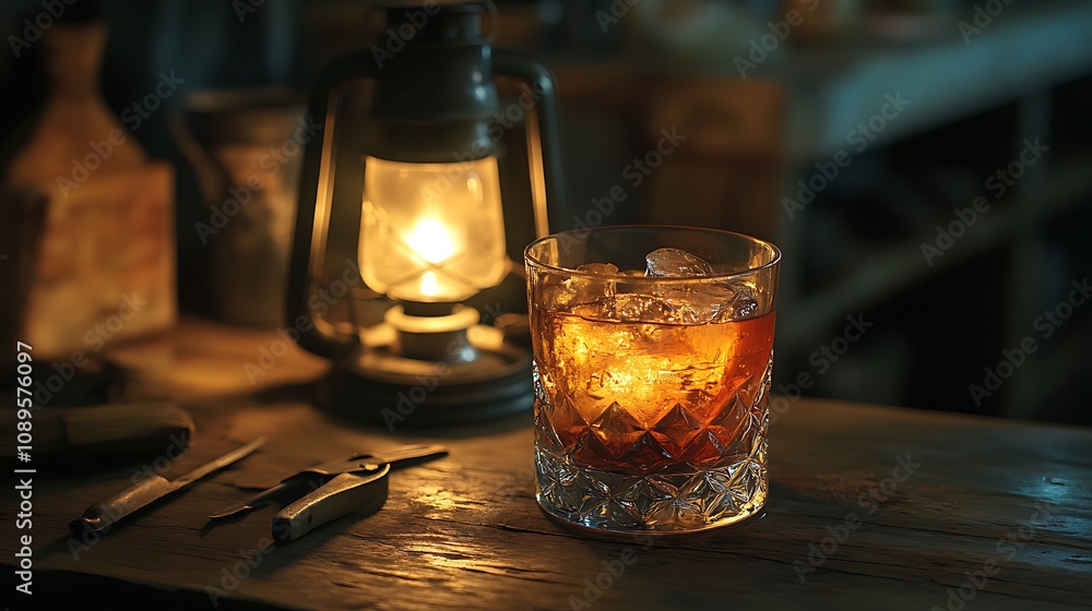 An artistic, low-light photo of a glass of dark liqueur on an aged wooden bar, with a vintage bottle and old-style bar tools scattered around, illuminated by the soft glow of an old lantern, An artistic, low-light photo of a glass of dark liqueur on an aged wooden bar, with a vintage bottle and old-style bar tools scattered around, illuminated by the soft glow of an old lantern,