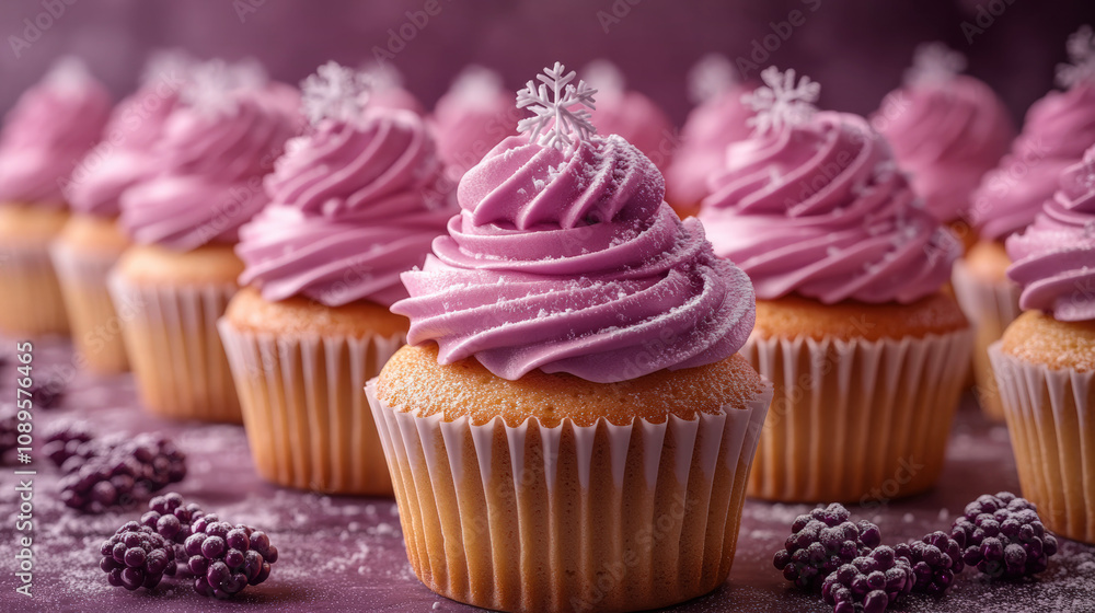 Christmas, New Year. Row cupcakes color pink simple background, Holiday poster, copy space Christmas, New Year. Row cupcakes color pink simple background, Holiday poster, copy space