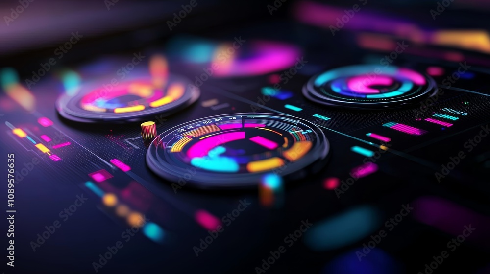 Obraz premium A close-up of a digital data visualization display, featuring rising charts and glowing analytics icons on a dark, professional background.