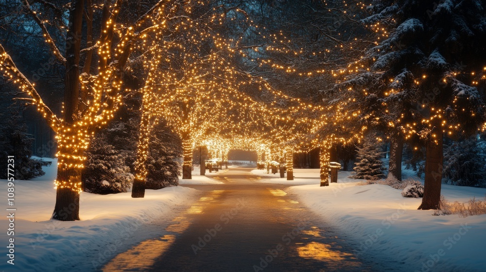 Snowy Pathway Lit By Festive Winter Lights Snowy Pathway Lit By Festive Winter Lights