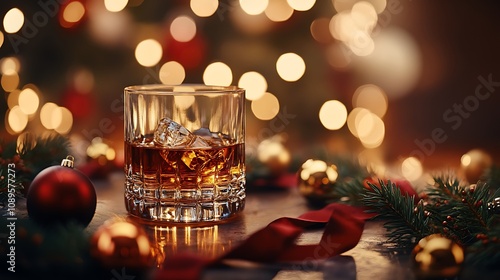 An atmospheric photo of a glass of liqueur placed on a holiday-themed table setting, surrounded by green pine needles, red ribbons, and golden baubles,