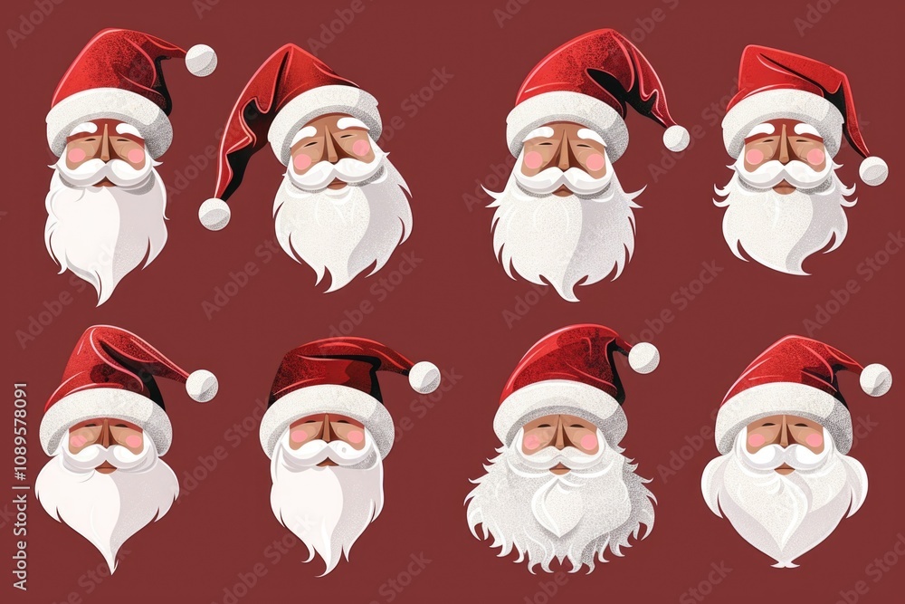 A collection of Santa Claus heads with various facial expressions, ideal for use in holiday-themed designs and advertisements A collection of Santa Claus heads with various facial expressions, ideal for use in holiday-themed designs and advertisements