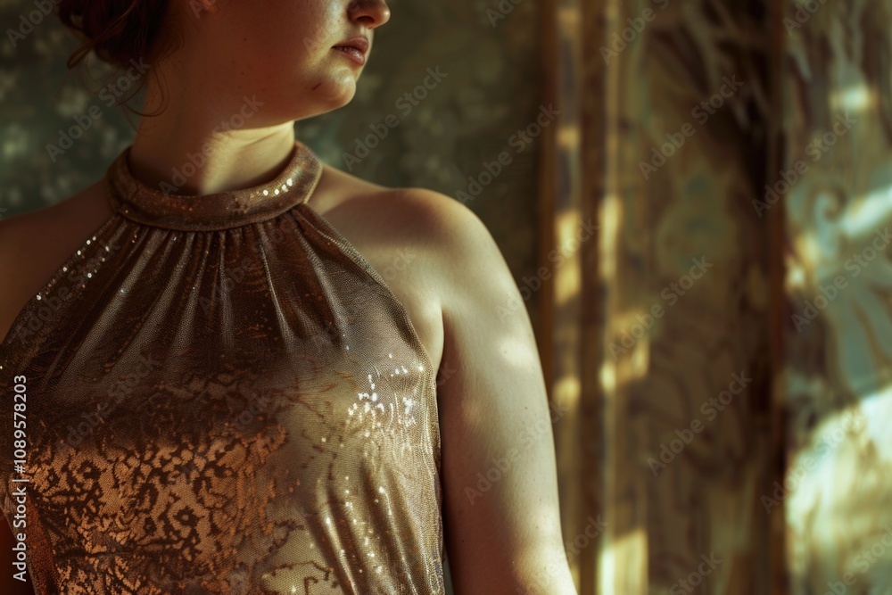 A woman in a golden dress stands in front of a window, possibly waiting for someone or lost in thought A woman in a golden dress stands in front of a window, possibly waiting for someone or lost in thought