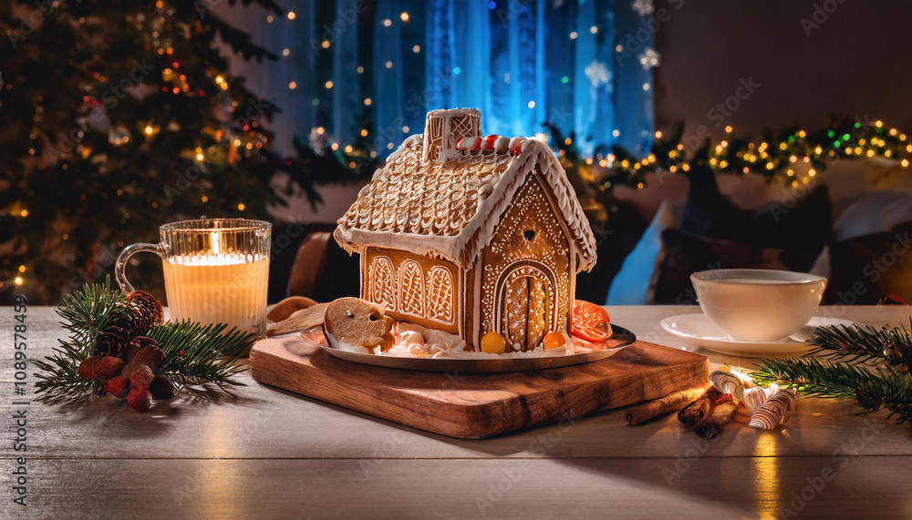 A decorated gingerbread house sits on a wooden board with a lit candle and teacup nearby, against a background of blue holiday lights. A decorated gingerbread house sits on a wooden board with a lit candle and teacup nearby, against a background of blue holiday lights.