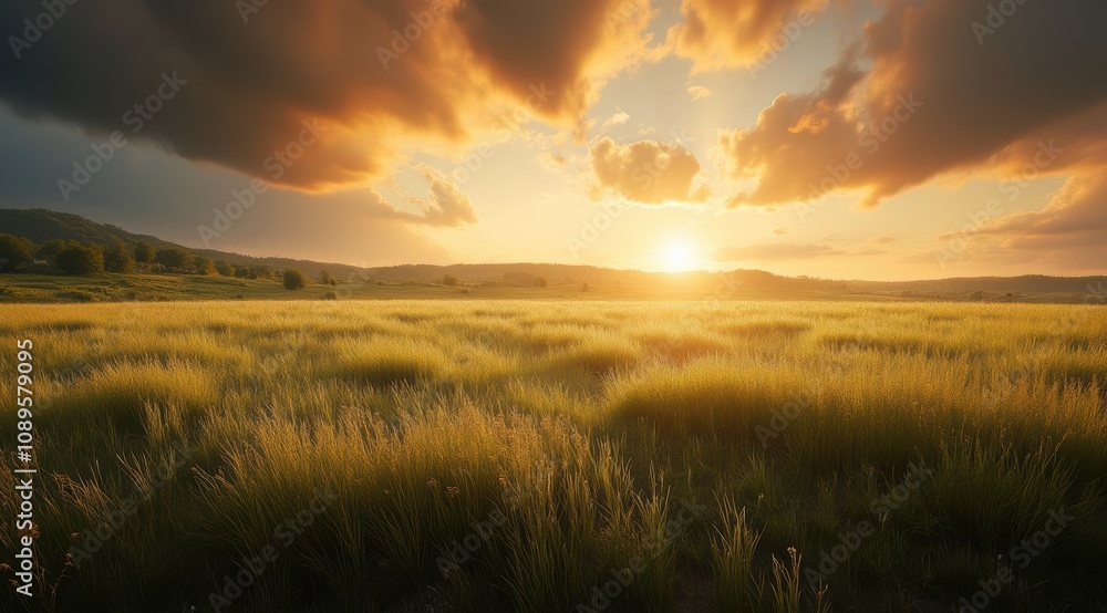 Golden sunset over a tranquil meadow Golden sunset over a tranquil meadow