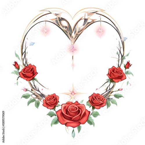 elegant heart-shaped floral frame adorned with red roses, glowing stars, and delicate branches, symbolizing love, romance, and beauty, perfect for valentine and wedding designs photo