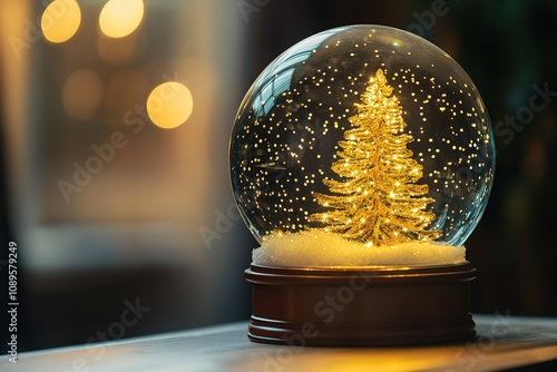 Snow globe with sparkling Christmas tree inside.