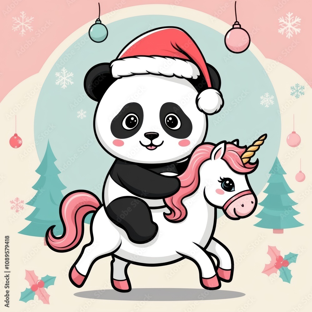 Festive panda riding unicorn whimsical scene digital illustration playful environment creative viewpoint holiday concept Festive panda riding unicorn whimsical scene digital illustration playful environment creative viewpoint holiday concept
