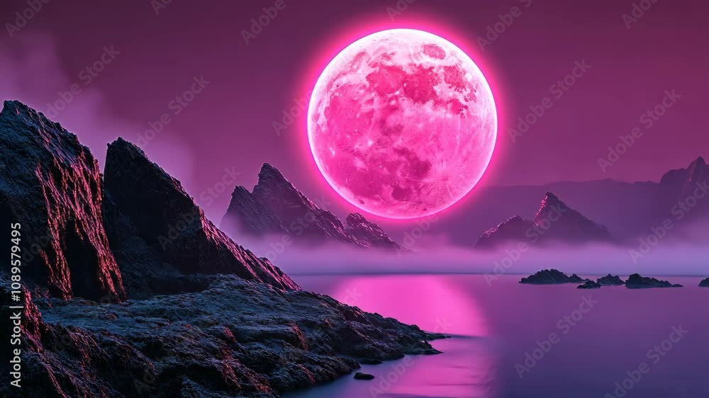 Pink moon rises over serene mountain lake at twilight