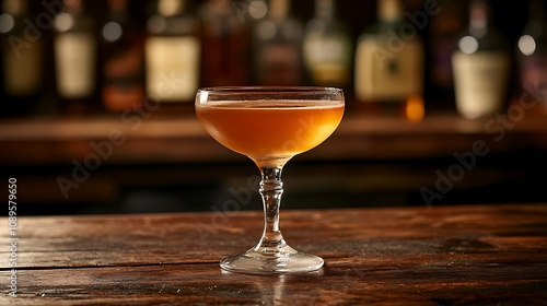 An elegant, vintage photograph of a glass of amber liqueur on an old wooden bar, with a dusty bottle in the background, captured in low, soft light to enhance the warm,