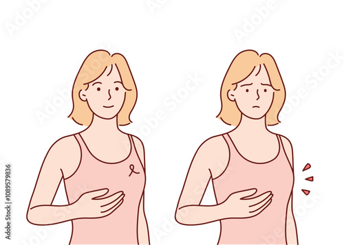 Breast cancer awareness month concept, breast cyst or tumor examination. Vector medical illustration in cartoon style.