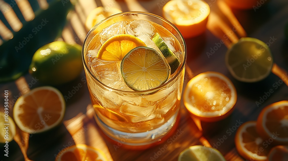 An overhead view of a glass of iced liqueur with fresh lemon and lime slices, set on a sun-drenched wooden table, surrounded by scattered citrus slices, with a bright, An overhead view of a glass of iced liqueur with fresh lemon and lime slices, set on a sun-drenched wooden table, surrounded by scattered citrus slices, with a bright,