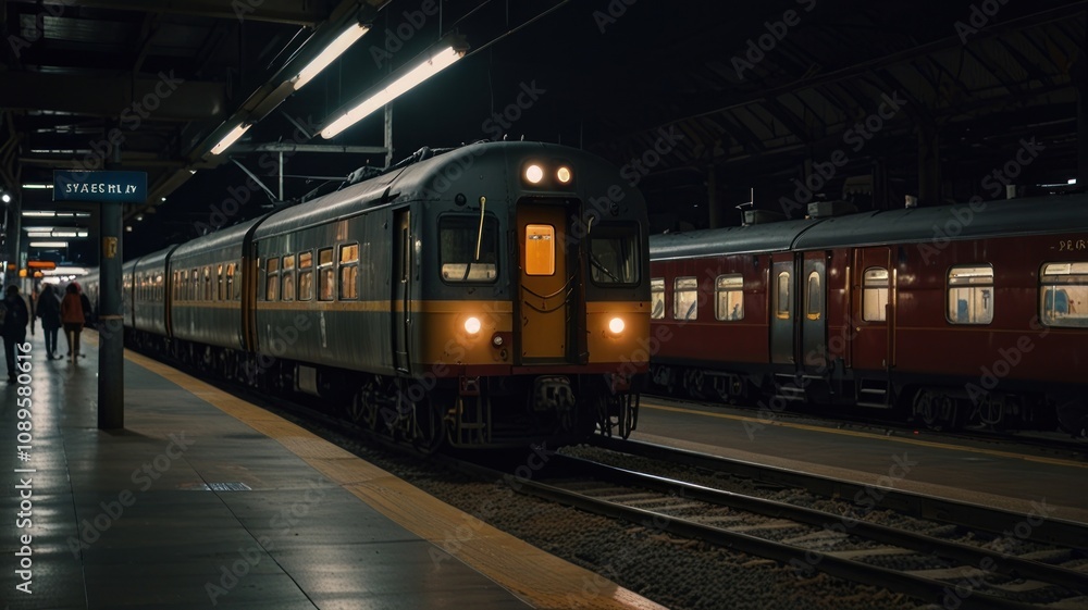 A passenger train is at a station at night. There is a blurred group of people waiting for the train. A passenger train is at a station at night. There is a blurred group of people waiting for the train.