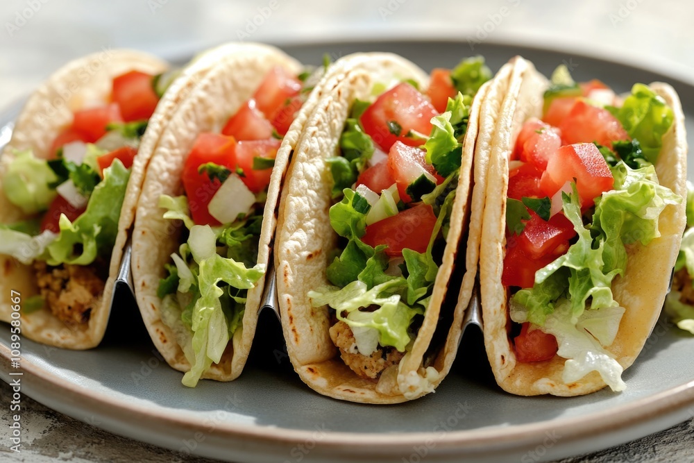 A plate of delicious tacos filled with fresh tomatoes and crisp lettuce A plate of delicious tacos filled with fresh tomatoes and crisp lettuce