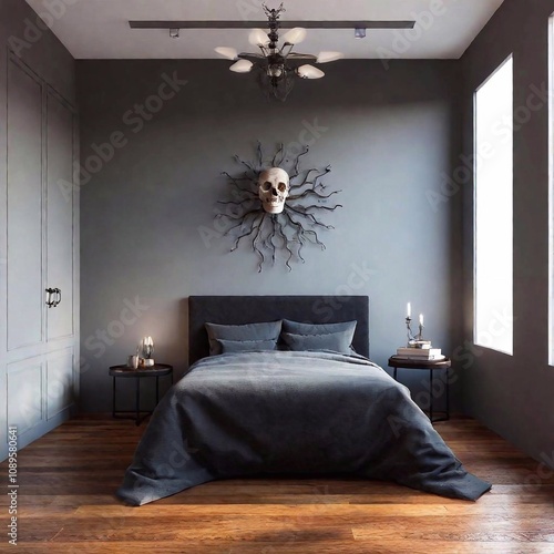 black modern gothic interior of a bedroom with skull decor photo